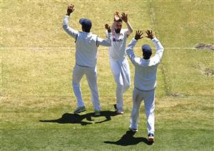 MELBOURNE, AUSTRALIA - DECEMBER 29: Mohammed Siraj of India celebrates the dismissal of Nathan Lyon of Australia during day four of the Second Test match between Australia and India at Melbourne Cricket Ground on December 29, 2020 in Melbourne, Australia. (Photo by Quinn Rooney/Getty Images)