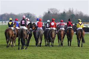 NEWBURY, ENGLAND - DECEMBER 29: A general view as runners take a turn before the start of The MansionBet App 'Introductory' Hurdle at Newbury Racecourse on December 29, 2020 in Newbury, England. Owners are allowed to attend if they have a runner at the meeting otherwise racing remains behind closed doors to the public due to the Coronavirus pandemic. (Photo by Alan Crowhurst/Getty Images)