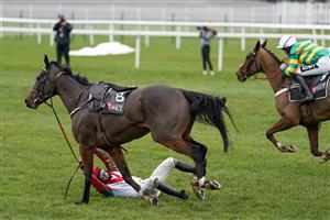 NEWBURY, ENGLAND - DECEMBER 29: Sean Bowen is unseated from Equus Dancer at the last during The MansionBet's Bet 10 Get 20 Novices' Limited Handicap Chase at Newbury Racecourse on December 29, 2020 in Newbury, England. Owners are allowed to attend if they have a runner at the meeting otherwise racing remains behind closed doors to the public due to the Coronavirus pandemic. (Photo by Alan Crowhurst/Getty Images)