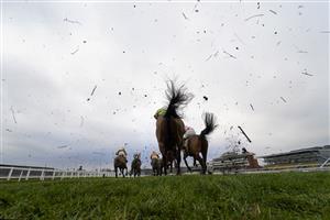 NEWBURY, ENGLAND - DECEMBER 29: A general view as runners land over the fence in front of the grandstands during The MansionBet's Bet 10 Get 20 Novices' Limited Handicap Chase at Newbury Racecourse on December 29, 2020 in Newbury, England. Owners are allowed to attend if they have a runner at the meeting otherwise racing remains behind closed doors to the public due to the Coronavirus pandemic. (Photo by Alan Crowhurst/Getty Images)