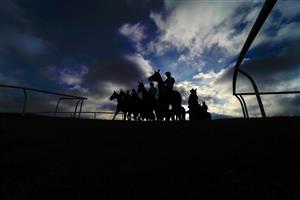 NEWBURY, ENGLAND - DECEMBER 29: A general view as runners circle in the pen before making their way onto the track for The MansionBet App 'Introductory' Hurdle at Newbury Racecourse on December 29, 2020 in Newbury, England. Owners are allowed to attend if they have a runner at the meeting otherwise racing remains behind closed doors to the public due to the Coronavirus pandemic. (Photo by Alan Crowhurst/Getty Images)