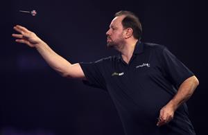 LONDON, ENGLAND - DECEMBER 29: Jason Lowe of England in action during his third round match against Devon Petersen of South Africa during day twelve of the PDC William Hill World Darts Championship at Alexandra Palace on December 29, 2020 in London, England. (Photo by Luke Walker/Getty Images)