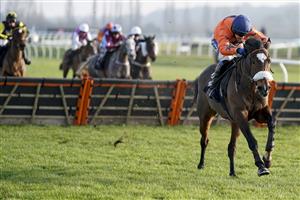NEWBURY, ENGLAND - DECEMBER 29: Tom Scudamore riding Panic Attack clear the last to win The MansionBet Cheers To 2021 Mares' Handicap Hurdle at Newbury Racecourse on December 29, 2020 in Newbury, England. Owners are allowed to attend if they have a runner at the meeting otherwise racing remains behind closed doors to the public due to the Coronavirus pandemic. (Photo by Alan Crowhurst/Getty Images)