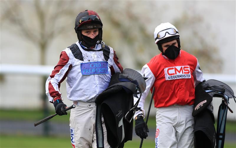 MARKET RASEN, ENGLAND - DECEMBER 30: Jockey Daryl Jacob (left) at Market Rasen Racecourse on December 30, 2020 in Market Rasen, England. (Photo by Mike Egerton - Pool/Getty Images)