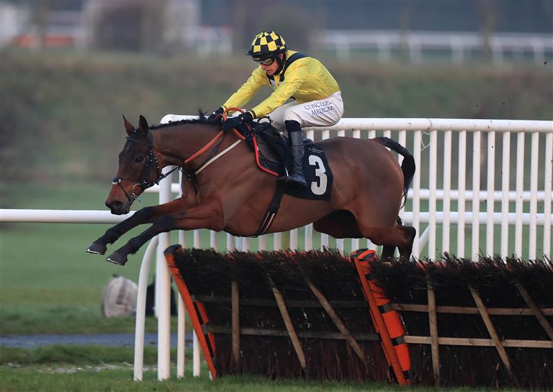 MARKET RASEN, ENGLAND - DECEMBER 30: Gortroe Joe ridden by Liam Harrison jumps the last to win the Racing TV Handicap Hurdle at Market Rasen Racecourse on December 30, 2020 in Market Rasen, England. (Photo by Mike Egerton - Pool/Getty Images)
