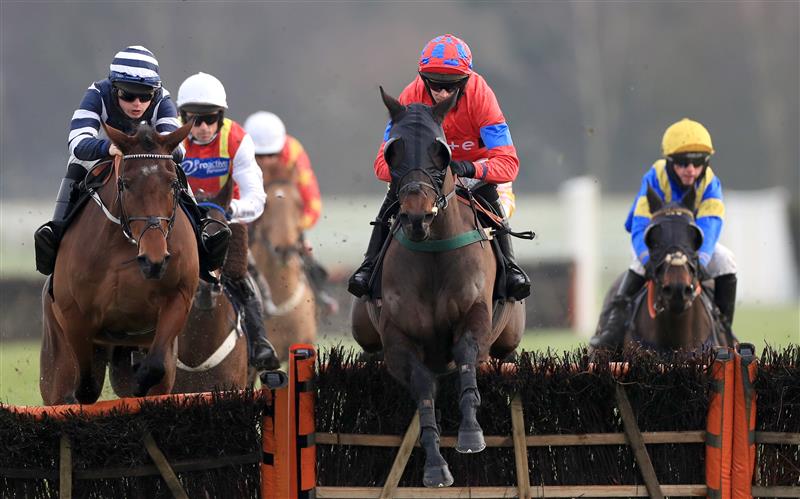 MARKET RASEN, ENGLAND - DECEMBER 30: Raashdy ridden by Jonathan England (centre) in action during The Follow RacingTV On Twitter Selling Handicap Hurdle at Market Rasen Racecourse on December 30, 2020 in Market Rasen, England. (Photo by Mike Egerton - Pool/Getty Images)