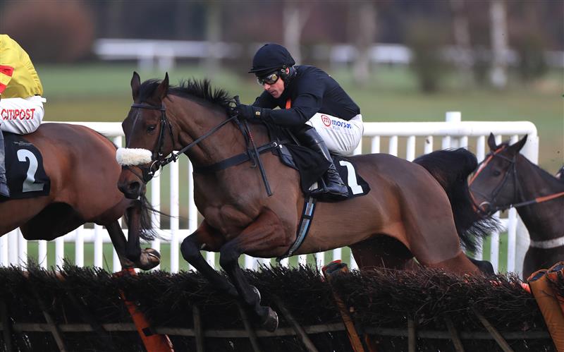 MARKET RASEN, ENGLAND - DECEMBER 30: Across The Line ridden by Harry Skelton go on to win The racingtv.com Novices Hurdle at Market Rasen Racecourse on December 30, 2020 in Market Rasen, England. (Photo by Mike Egerton - Pool/Getty Images)