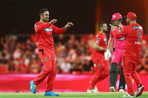 GOLD COAST, AUSTRALIA - DECEMBER 29: Mohammad Nabi of the Renegades celebrates after dismissing James Vince of the Sixers during the Big Bash League match between the Melbourne Renegades and the Sydney Sixers at Metricon Stadium, on December 29, 2020, in Gold Coast, Australia. (Photo by Chris Hyde/Getty Images)