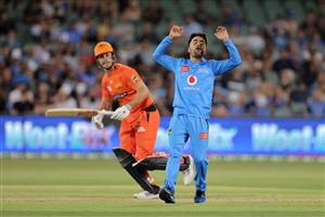 ADELAIDE, AUSTRALIA - DECEMBER 31: Rashid Khan of the Adelaide Strikers reacts during the Big Bash League match between the Adelaide Strikers and the Perth Scorchers at Adelaide Oval, on December 31, 2020, in Adelaide, Australia. (Photo by Daniel Kalisz/Getty Images)