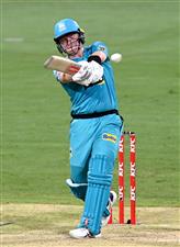 BRISBANE, AUSTRALIA - DECEMBER 30: Max Bryant of the Heat hits the ball to the boundary for a four during the Big Bash League match between the Hobart Hurricanes and Brisbane Heat at The Gabba, on December 30, 2020, in Brisbane, Australia. (Photo by Bradley Kanaris/Getty Images)