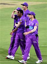 BRISBANE, AUSTRALIA - DECEMBER 30: Keemo Paul of the Hurricanes celebrates taking the wicket of Max Bryant of the Heat during the Big Bash League match between the Hobart Hurricanes and Brisbane Heat at The Gabba, on December 30, 2020, in Brisbane, Australia. (Photo by Bradley Kanaris/Getty Images)