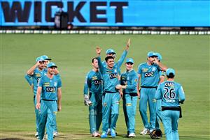 BRISBANE, AUSTRALIA - DECEMBER 30: Mujeeb Ur Rahman of the Heat celebrates taking the wicket of Scott Bolland of the Hurricanes during the Big Bash League match between the Hobart Hurricanes and Brisbane Heat at The Gabba, on December 30, 2020, in Brisbane, Australia. (Photo by Bradley Kanaris/Getty Images)