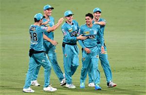 BRISBANE, AUSTRALIA - DECEMBER 30: Mujeeb Ur Rahman of the Heat celebrates taking the wicket of Scott Bolland of the Hurricanes during the Big Bash League match between the Hobart Hurricanes and Brisbane Heat at The Gabba, on December 30, 2020, in Brisbane, Australia. (Photo by Bradley Kanaris/Getty Images)