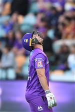 HOBART, AUSTRALIA - JANUARY 04: Ben McDermott of the Hurricanes reacts after being dismissed for 91 during the Big Bash League match between the Melbourne Stars and the Hobart Hurricanes at Blundstone Arena, on January 04, 2021, in Hobart, Australia. (Photo by Steve Bell/Getty Images)