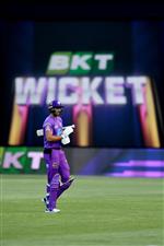 HOBART, AUSTRALIA - JANUARY 04: Tim David of the Hurricanes
reacts after losing his wicket during the Big Bash League match between the Melbourne Stars and the Hobart Hurricanes at Blundstone Arena, on January 04, 2021, in Hobart, Australia. (Photo by Steve Bell/Getty Images)
