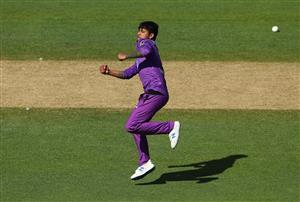 HOBART, AUSTRALIA - JANUARY 04: Sandeep Lamichhane of the Hurricanes celebrates taking the wicket of Glenn Maxwell of the Melbourne Stars during the Big Bash League match between the Melbourne Stars and the Hobart Hurricanes at Blundstone Arena, on January 04, 2021, in Hobart, Australia. (Photo by Robert Cianflone/Getty Images)
