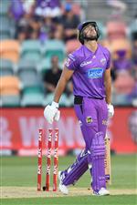 HOBART, AUSTRALIA - JANUARY 04: Tim David of the Hurricanes reacts after losing his wicket during the Big Bash League match between the Melbourne Stars and the Hobart Hurricanes at Blundstone Arena, on January 04, 2021, in Hobart, Australia. (Photo by Steve Bell/Getty Images)