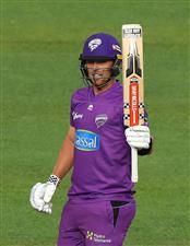 HOBART, AUSTRALIA - JANUARY 04: Ben McDermott of the Hurricanes celebrates after scoring his half century during the Big Bash League match between the Melbourne Stars and the Hobart Hurricanes at Blundstone Arena, on January 04, 2021, in Hobart, Australia. (Photo by Robert Cianflone/Getty Images)