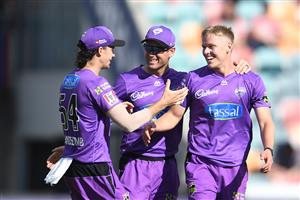 HOBART, AUSTRALIA - JANUARY 04: Nathan Ellis of the Hurricanes celebrates the wicket of Seb Gotch of the Stars during the Big Bash League match between the Melbourne Stars and the Hobart Hurricanes at Blundstone Arena on January 04, 2021 in Hobart, Australia. (Photo by Steve Bell/Getty Images)