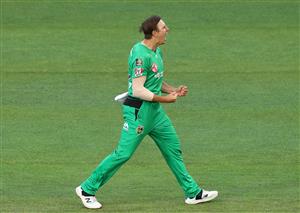 HOBART, AUSTRALIA - JANUARY 04: Sam Rainbird of the Melbourne Stars celebrates taking the wicket of Tim David of the Hurricanes during the Big Bash League match between the Melbourne Stars and the Hobart Hurricanes at Blundstone Arena, on January 04, 2021, in Hobart, Australia. (Photo by Robert Cianflone/Getty Images)