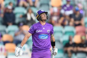 HOBART, AUSTRALIA - JANUARY 04: Ben McDermott of the Hurricanes hits the ball for six during the Big Bash League match between the Melbourne Stars and the Hobart Hurricanes at Blundstone Arena, on January 04, 2021, in Hobart, Australia. (Photo by Steve Bell/Getty Images)
