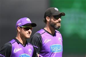 HOBART, AUSTRALIA - JANUARY 04: Coach Adam Griffith and D'Arcy Short of the Hurricanes look on during the Big Bash League match between the Melbourne Stars and the Hobart Hurricanes at Blundstone Arena, on January 04, 2021, in Hobart, Australia. (Photo by Steve Bell/Getty Images)