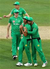 HOBART, AUSTRALIA - JANUARY 04: Glenn Maxwell and Marcus Stoinis of the Melbourne Stars celebrate after the Stars defeated the Hurricanes during the Big Bash League match between the Melbourne Stars and the Hobart Hurricanes at Blundstone Arena, on January 04, 2021, in Hobart, Australia. (Photo by Robert Cianflone/Getty Images)