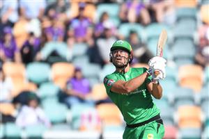 HOBART, AUSTRALIA - JANUARY 04: Marcus Stoinis of the Stars hits the ball for six during the Big Bash League match between the Melbourne Stars and the Hobart Hurricanes at Blundstone Arena on January 04, 2021 in Hobart, Australia. (Photo by Steve Bell/Getty Images)