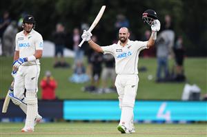 CHRISTCHURCH, NEW ZEALAND - JANUARY 05: Daryl Mitchell of New Zealand celebrates his century during day three of the Second Test match in the series between New Zealand and Pakistan at Hagley Oval on January 05, 2021 in Christchurch, New Zealand. (Photo by Kai Schwoerer/Getty Images)