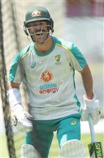 SYDNEY, AUSTRALIA - JANUARY 05: David Warner of Australia laughs on as he bats during an Australian nets session at the Sydney Cricket Ground on January 05, 2021 in Sydney, Australia. (Photo by Mark Metcalfe/Getty Images)