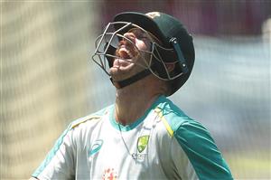 SYDNEY, AUSTRALIA - JANUARY 05: David Warner of Australia laughs on as he bats during an Australian nets session at the Sydney Cricket Ground on January 05, 2021 in Sydney, Australia. (Photo by Mark Metcalfe/Getty Images)