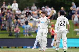 CHRISTCHURCH, NEW ZEALAND - JANUARY 05: Henry Nicholls of New Zealand celebrates his century during day three of the Second Test match in the series between New Zealand and Pakistan at Hagley Oval on January 05, 2021 in Christchurch, New Zealand. (Photo by Kai Schwoerer/Getty Images)