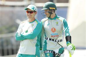 SYDNEY, AUSTRALIA - JANUARY 05: Tim Paine of Australia talks to Justin Langer, coach of Australia during an Australian nets session at the Sydney Cricket Ground on January 05, 2021 in Sydney, Australia. (Photo by Mark Metcalfe/Getty Images)