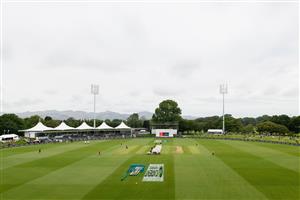 CHRISTCHURCH, NEW ZEALAND - JANUARY 05: General view of Hagley Oval as groundsmen pull the covers over the wicket as rain delays play during day three of the Second Test match in the series between New Zealand and Pakistan at Hagley Oval on January 05, 2021 in Christchurch, New Zealand. (Photo by Kai Schwoerer/Getty Images)