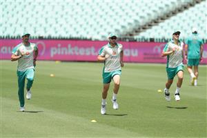 SYDNEY, AUSTRALIA - JANUARY 05: Mitchell Starc, Josh Hazlewood and Pat Cummins of Australia run during an Australian nets session at the Sydney Cricket Ground on January 05, 2021 in Sydney, Australia. (Photo by Mark Metcalfe/Getty Images)