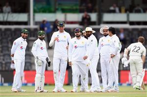 CHRISTCHURCH, NEW ZEALAND - JANUARY 05: Azhar Ali of Pakistan (C) and his team mates look on during day three of the Second Test match in the series between New Zealand and Pakistan at Hagley Oval on January 05, 2021 in Christchurch, New Zealand. (Photo by Kai Schwoerer/Getty Images)