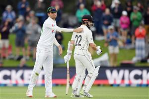 CHRISTCHURCH, NEW ZEALAND - JANUARY 05: Kane Williamson of New Zealand (R) is greeted by Shaheen Shah Afridi of Pakistan after being dismissed for 238 runs by Faheem Ashraf of Pakistan during day three of the Second Test match in the series between New Zealand and Pakistan at Hagley Oval on January 05, 2021 in Christchurch, New Zealand. (Photo by Kai Schwoerer/Getty Images)