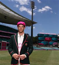 SYDNEY, AUSTRALIA - JANUARY 05: Tim Paine of Australia poses in his Pink Captain's Blazer and his McGrath Foundation Pink Cap before an Australian nets session at the Sydney Cricket Ground on January 05, 2021 in Sydney, Australia. (Photo by Ryan Pierse/Getty Images)