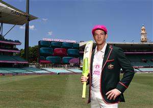 SYDNEY, AUSTRALIA - JANUARY 05: Tim Paine of Australia poses in his Pink Captain's Blazer and his McGrath Foundation Pink Cap before an Australian nets session at the Sydney Cricket Ground on January 05, 2021 in Sydney, Australia. (Photo by Ryan Pierse/Getty Images)