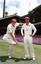 SYDNEY, AUSTRALIA - JANUARY 05: Cameron Green and Travis Head of Australia pose in their Pink Asics Shoes and their McGrath Foundation Pink Cap before an Australian nets session at the Sydney Cricket Ground on January 05, 2021 in Sydney, Australia. (Photo by Ryan Pierse/Getty Images)