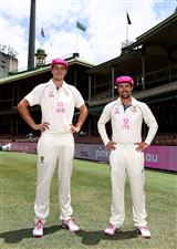 SYDNEY, AUSTRALIA - JANUARY 05: Cameron Green and Travis Head of Australia pose in their Pink Asics Shoes and their McGrath Foundation Pink Cap before an Australian nets session at the Sydney Cricket Ground on January 05, 2021 in Sydney, Australia. (Photo by Ryan Pierse/Getty Images)
