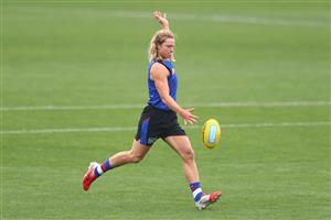 MELBOURNE, AUSTRALIA - JANUARY 06: Cody Weightman of the Bulldogs kicks the ball during a Western Bulldogs AFL training session at Whitten Oval on January 06, 2021 in Melbourne, Australia. (Photo by Mike Owen/Getty Images)