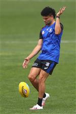 MELBOURNE, AUSTRALIA - JANUARY 06: Jason Johannisen of the Bulldogs kicks the ball during a Western Bulldogs AFL training session at Whitten Oval on January 06, 2021 in Melbourne, Australia. (Photo by Mike Owen/Getty Images)