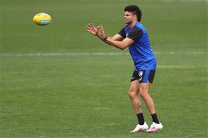 MELBOURNE, AUSTRALIA - JANUARY 06: Jason Johannisen of the Bulldogs marks the ball during a Western Bulldogs AFL training session at Whitten Oval on January 06, 2021 in Melbourne, Australia. (Photo by Mike Owen/Getty Images)