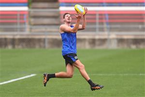 MELBOURNE, AUSTRALIA - JANUARY 06: Zaine Cordy of the Bulldogs marks the ball during a Western Bulldogs AFL training session at Whitten Oval on January 06, 2021 in Melbourne, Australia. (Photo by Mike Owen/Getty Images)