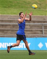 MELBOURNE, AUSTRALIA - JANUARY 06: Zaine Cordy of the Bulldogs marks the ball during a Western Bulldogs AFL training session at Whitten Oval on January 06, 2021 in Melbourne, Australia. (Photo by Mike Owen/Getty Images)