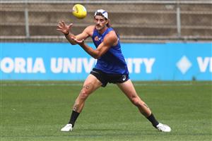 MELBOURNE, AUSTRALIA - JANUARY 06: Josh Bruce marks the ball during a Western Bulldogs AFL training session at Whitten Oval on January 06, 2021 in Melbourne, Australia. (Photo by Mike Owen/Getty Images)