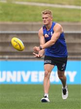MELBOURNE, AUSTRALIA - JANUARY 06: Adam Treloar of the Bulldogs handballs during a Western Bulldogs AFL training session at Whitten Oval on January 06, 2021 in Melbourne, Australia. (Photo by Mike Owen/Getty Images)