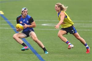 MELBOURNE, AUSTRALIA - JANUARY 06: Easton Wood of the Bulldogs runs with the ball during a Western Bulldogs AFL training session at Whitten Oval on January 06, 2021 in Melbourne, Australia. (Photo by Mike Owen/Getty Images)