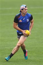 MELBOURNE, AUSTRALIA - JANUARY 06: Easton Wood of the Bulldogs kicks the ball during a Western Bulldogs AFL training session at Whitten Oval on January 06, 2021 in Melbourne, Australia. (Photo by Mike Owen/Getty Images)